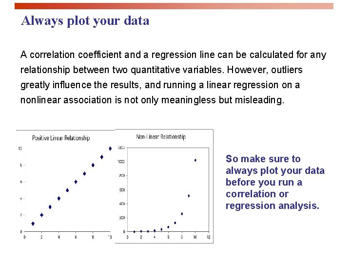 Always plot your data A correlation coefficient and a regression line can be calculated