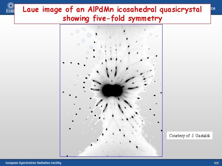 Laue image of an Al. Pd. Mn icosahedral quasicrystal showing five-fold symmetry Courtesy of