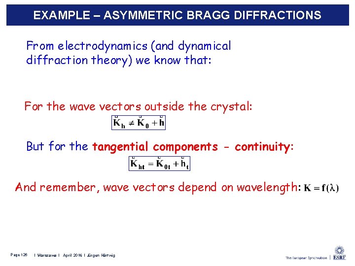 EXAMPLE – ASYMMETRIC BRAGG DIFFRACTIONS From electrodynamics (and dynamical diffraction theory) we know that: