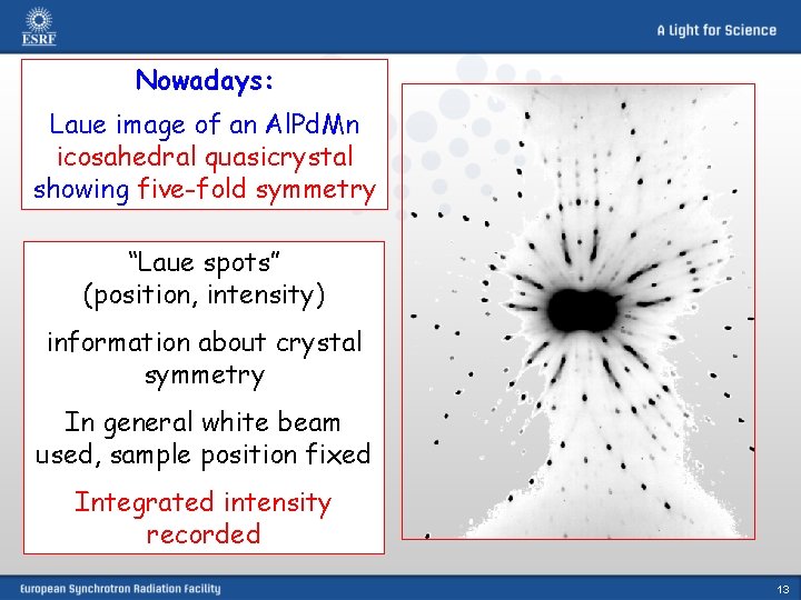 Nowadays: Laue image of an Al. Pd. Mn icosahedral quasicrystal showing five-fold symmetry “Laue