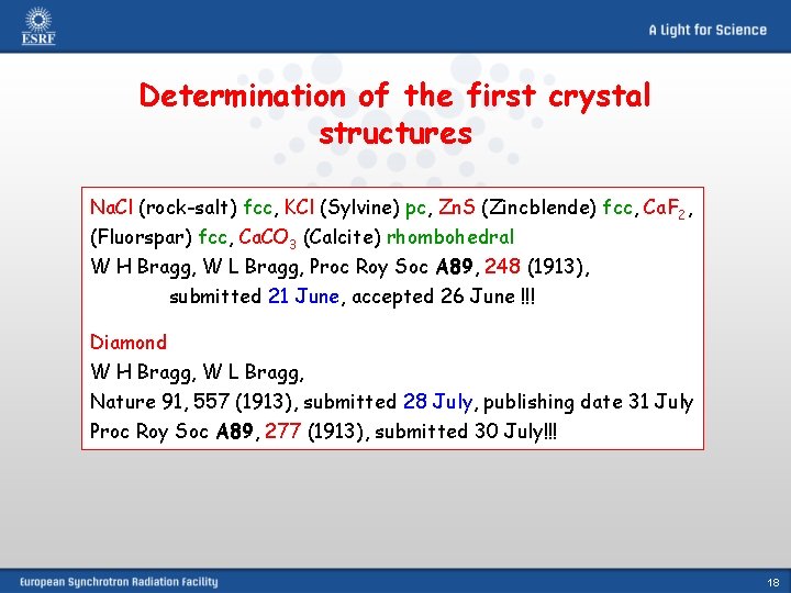 Determination of the first crystal structures Na. Cl (rock-salt) fcc, KCl (Sylvine) pc, Zn.