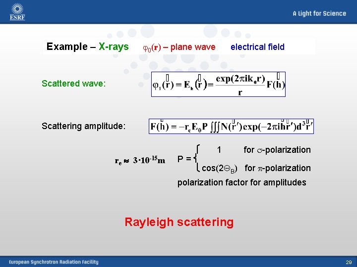 Example – X-rays 0(r) – plane wave electrical field Scattered wave: Scattering amplitude: re