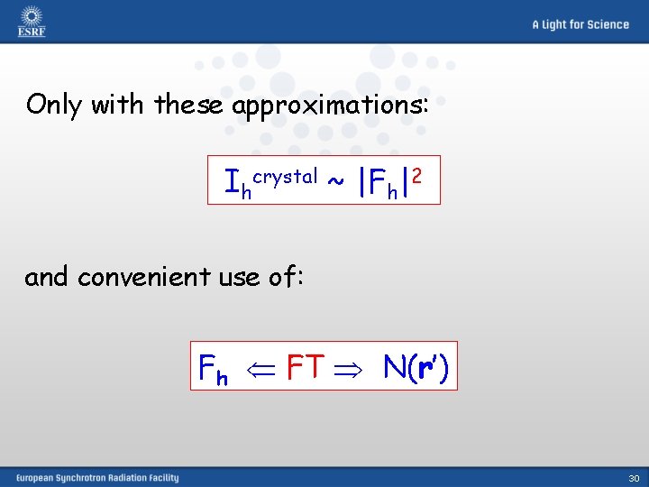 Only with these approximations: Ihcrystal ~ |Fh|2 and convenient use of: Fh FT N(r’)
