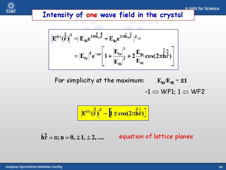 Intensity of one wave field in the crystal For simplicity at the maximum: Ehi/E