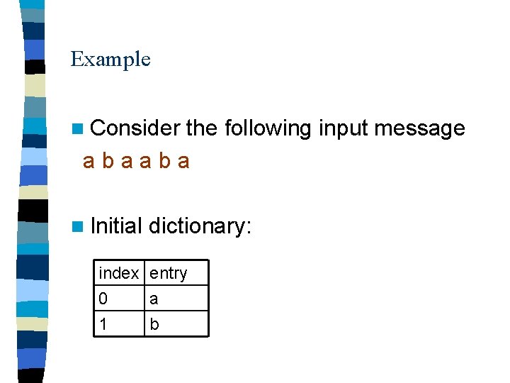 Example n Consider the following input message abaaba n Initial dictionary: index entry 0