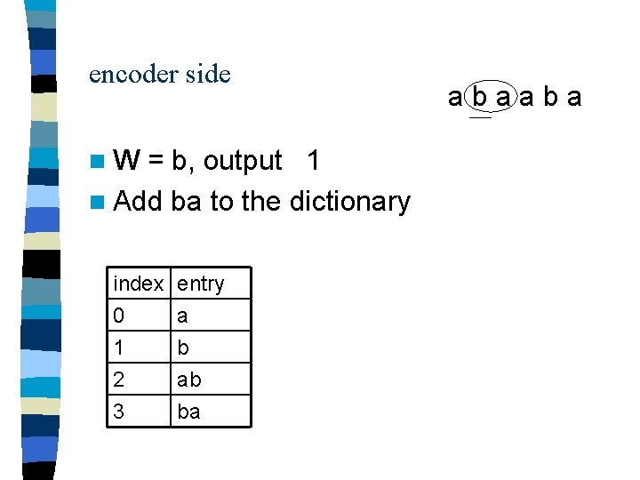 encoder side n. W = b, output 1 n Add ba to the dictionary