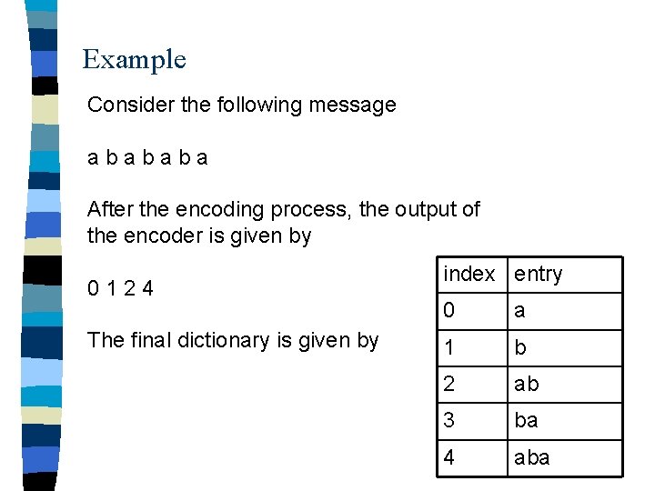 Example Consider the following message abababa After the encoding process, the output of the