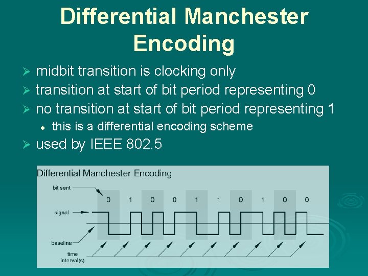 Differential Manchester Encoding midbit transition is clocking only Ø transition at start of bit