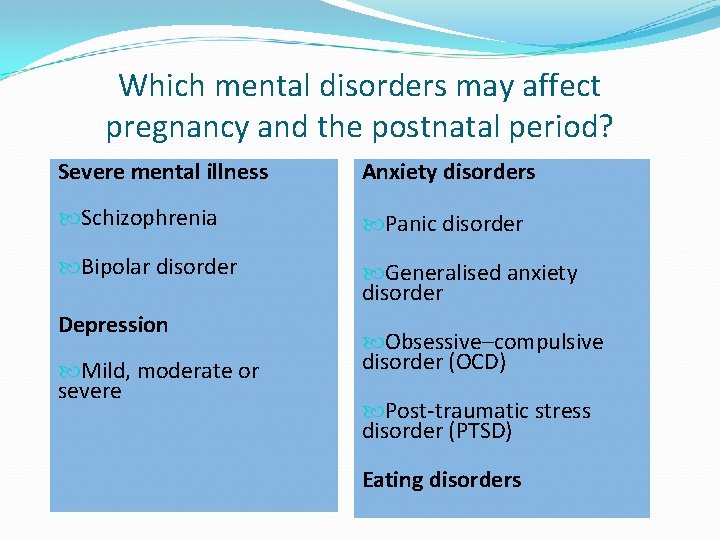 Which mental disorders may affect pregnancy and the postnatal period? Severe mental illness Anxiety