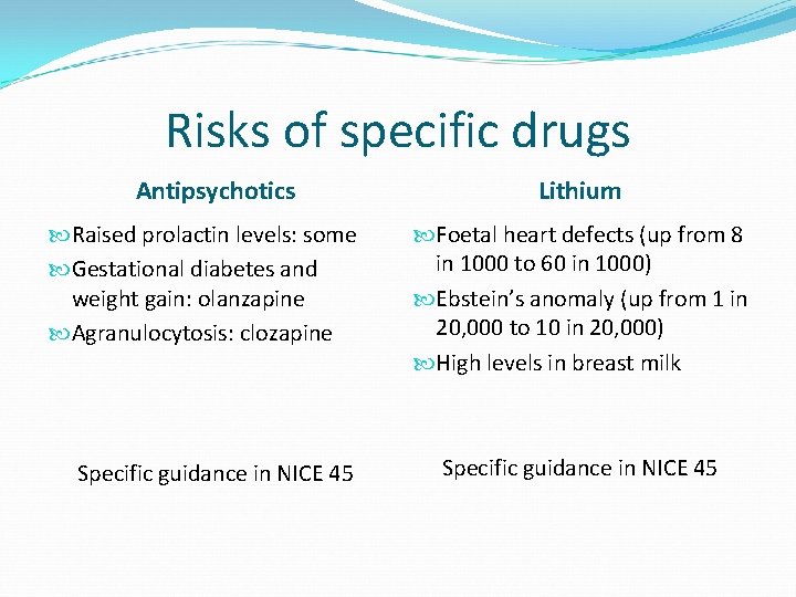 Risks of specific drugs Antipsychotics Raised prolactin levels: some Gestational diabetes and weight gain: