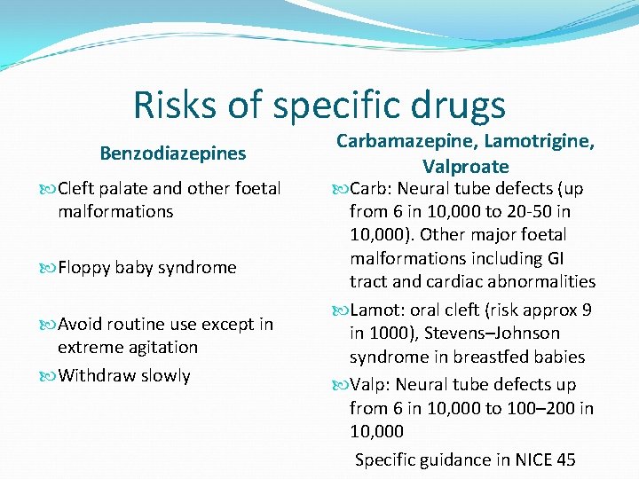 Risks of specific drugs Benzodiazepines Cleft palate and other foetal malformations Floppy baby syndrome