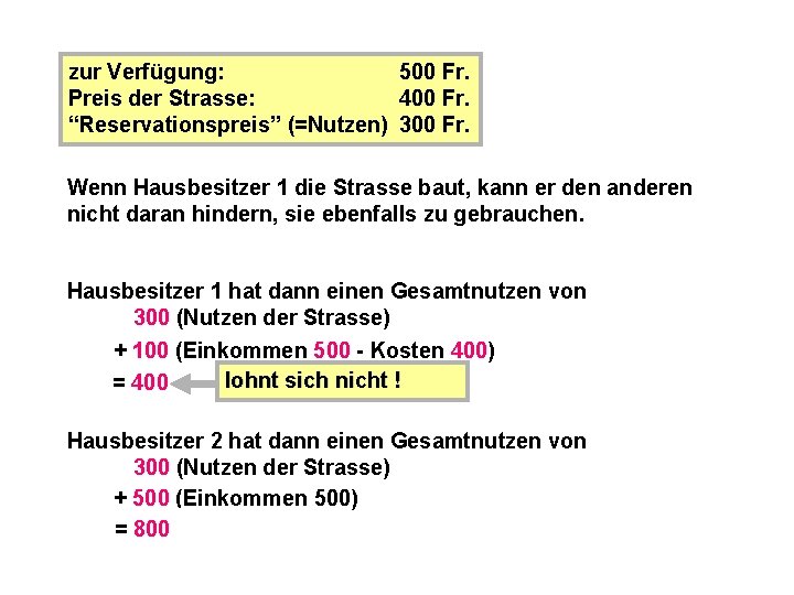 zur Verfügung: 500 Fr. Preis der Strasse: 400 Fr. “Reservationspreis” (=Nutzen) 300 Fr. Wenn