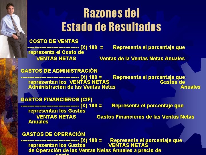 Razones del Estado de Resultados COSTO DE VENTAS ----------------- (X) 100 = Representa el