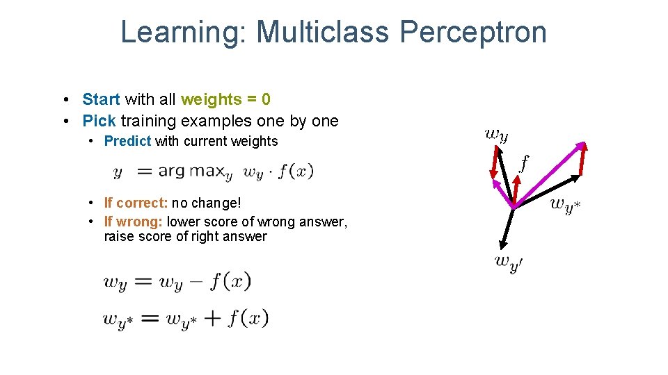 Learning: Multiclass Perceptron • Start with all weights = 0 • Pick training examples