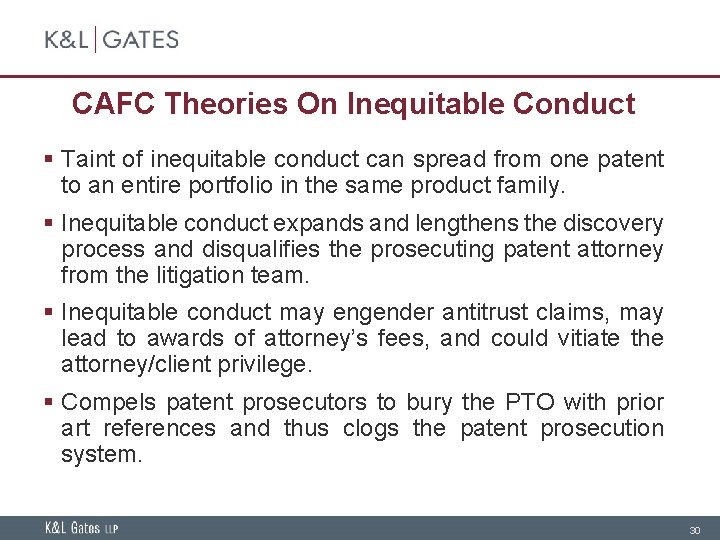 CAFC Theories On Inequitable Conduct § Taint of inequitable conduct can spread from one
