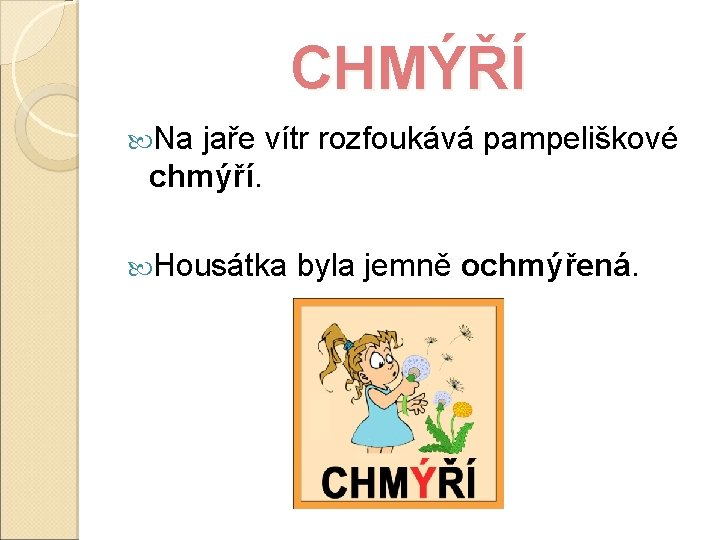 CHMÝŘÍ Na jaře vítr rozfoukává pampeliškové chmýří. Housátka byla jemně ochmýřená. 