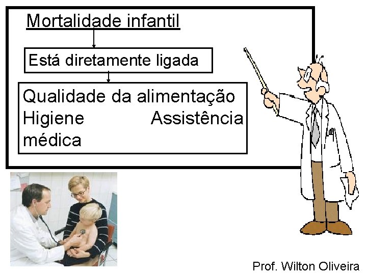 Mortalidade infantil Está diretamente ligada Qualidade da alimentação Higiene Assistência médica Prof. Wilton Oliveira