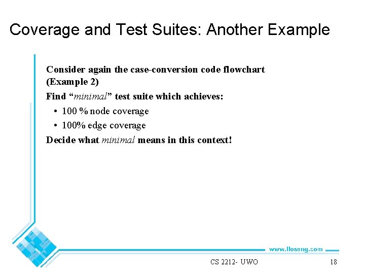 Coverage and Test Suites: Another Example Consider again the case-conversion code flowchart (Example 2)