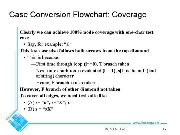 Case Conversion Flowchart: Coverage Clearly we can achieve 100% node coverage with one-char test