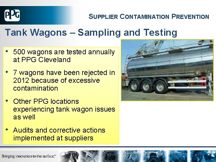 SUPPLIER CONTAMINATION PREVENTION Tank Wagons – Sampling and Testing • 500 wagons are tested