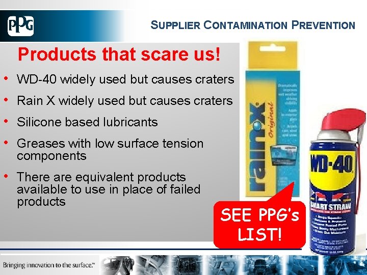 SUPPLIER CONTAMINATION PREVENTION Products that scare us! • • WD-40 widely used but causes