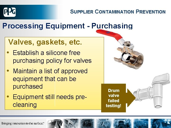 SUPPLIER CONTAMINATION PREVENTION Processing Equipment - Purchasing Valves, gaskets, etc. • Establish a silicone