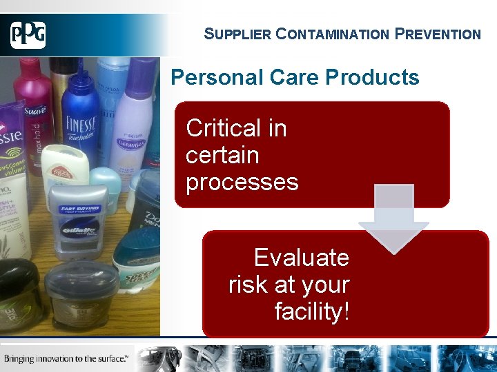 SUPPLIER CONTAMINATION PREVENTION Personal Care Products Critical in certain processes Evaluate risk at your