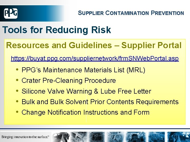 SUPPLIER CONTAMINATION PREVENTION Tools for Reducing Risk Resources and Guidelines – Supplier Portal https: