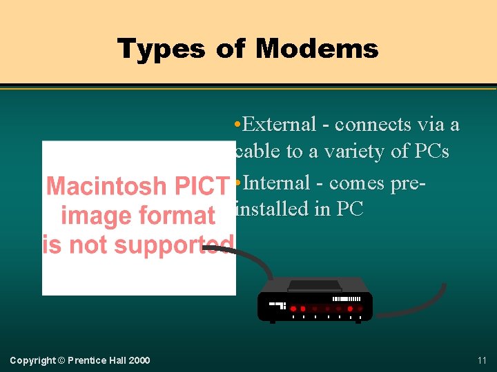 Types of Modems • External - connects via a cable to a variety of