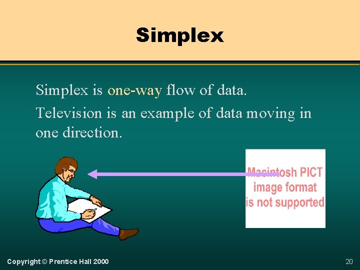 Simplex is one-way flow of data. Television is an example of data moving in