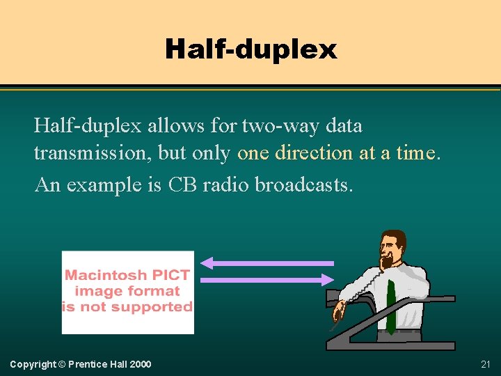 Half-duplex allows for two-way data transmission, but only one direction at a time. An