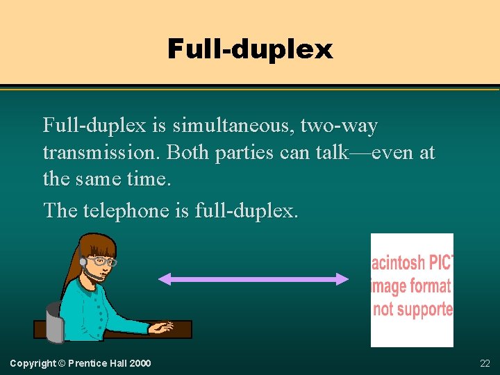 Full-duplex is simultaneous, two-way transmission. Both parties can talk—even at the same time. The
