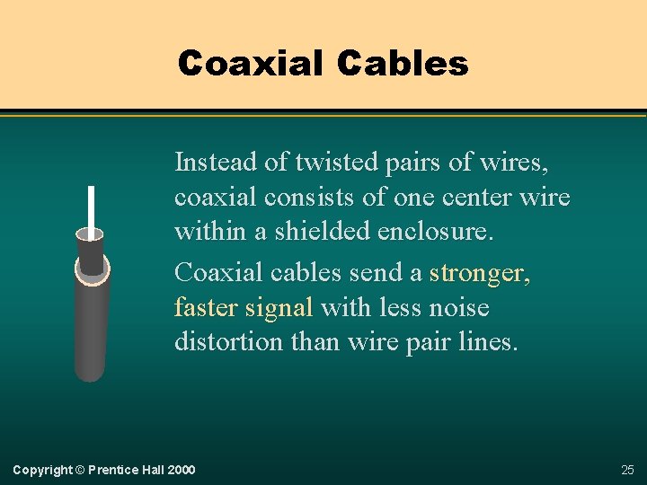 Coaxial Cables Instead of twisted pairs of wires, coaxial consists of one center wire