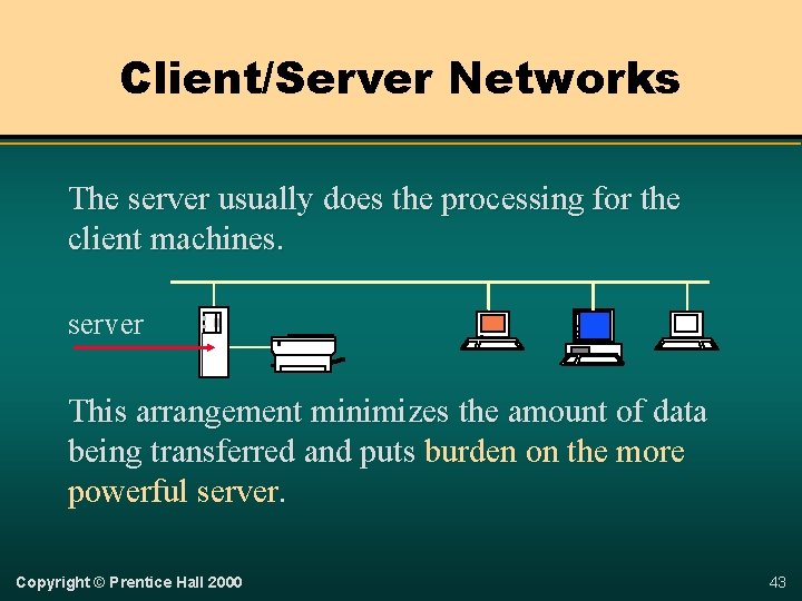 Client/Server Networks The server usually does the processing for the client machines. server This