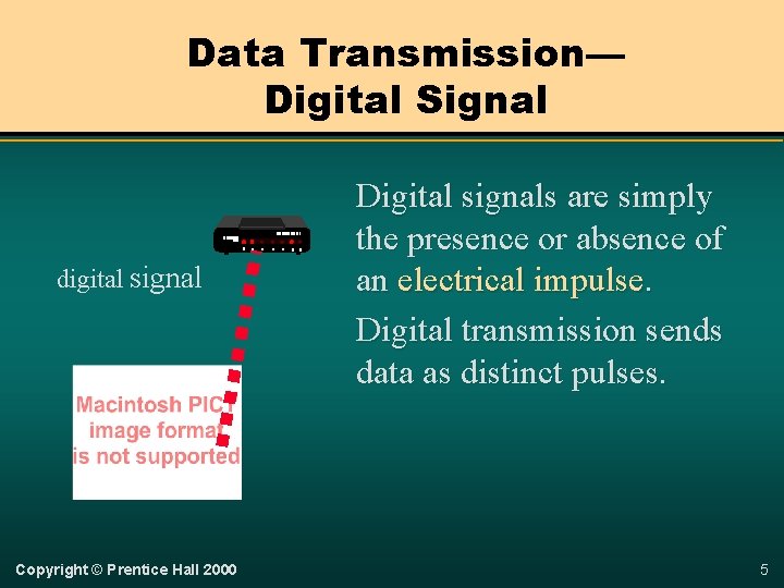 Data Transmission— Digital Signal digital signal Copyright © Prentice Hall 2000 Digital signals are