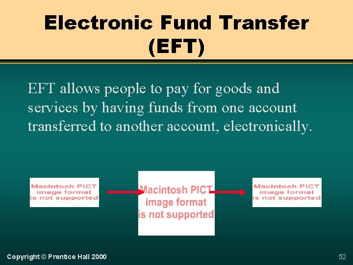 Electronic Fund Transfer (EFT) EFT allows people to pay for goods and services by