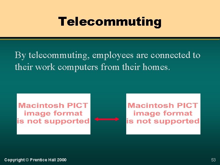 Telecommuting By telecommuting, employees are connected to their work computers from their homes. Copyright
