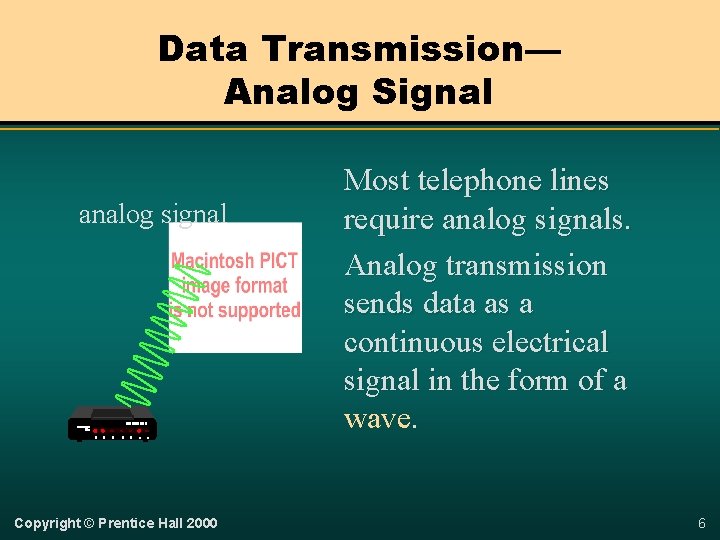 Data Transmission— Analog Signal analog signal Copyright © Prentice Hall 2000 Most telephone lines