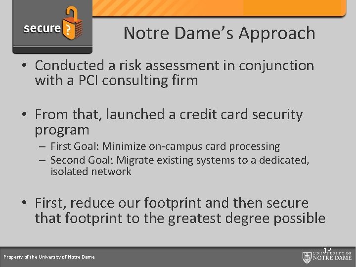 Credit Card Support Program Notre Dame’s Approach • Conducted a risk assessment in conjunction