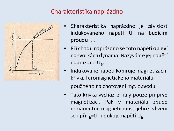 Charakteristika naprázdno • Charakteristika naprázdno je závislost indukovaného napětí Ui na budícím proudu Ib.
