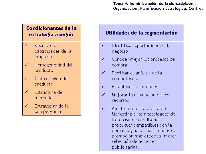 Tema 4: Administración de la Mercadotecnia. Organización. Planificación Estratégica. Control Condicionantes de la estrategia