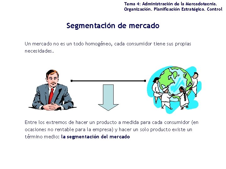 Tema 4: Administración de la Mercadotecnia. Organización. Planificación Estratégica. Control Segmentación de mercado Un