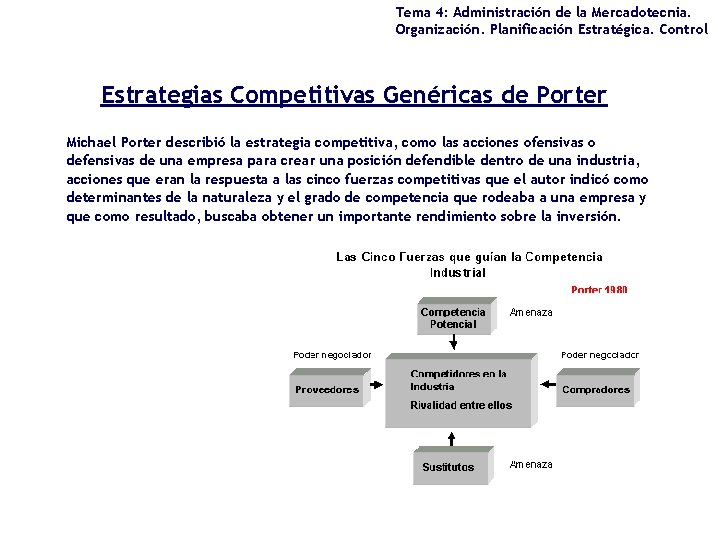 Tema 4: Administración de la Mercadotecnia. Organización. Planificación Estratégica. Control Estrategias Competitivas Genéricas de