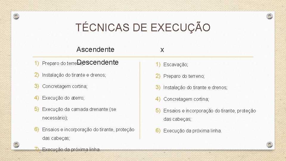 TÉCNICAS DE EXECUÇÃO Ascendente x Descendente 1) Preparo do terreno; 1) Escavação; 2) Instalação TÉCNICAS DE EXECUÇÃO Ascendente x Descendente 1) Preparo do terreno; 1) Escavação; 2) Instalação