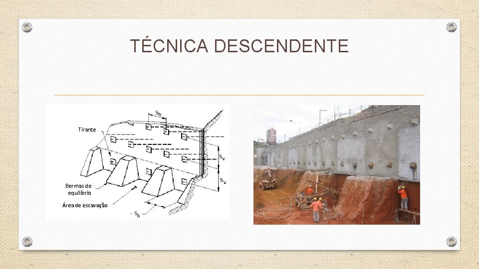 TÉCNICA DESCENDENTE Tirante Bermas de equilíbrio Área de escavação TÉCNICA DESCENDENTE Tirante Bermas de equilíbrio Área de escavação
