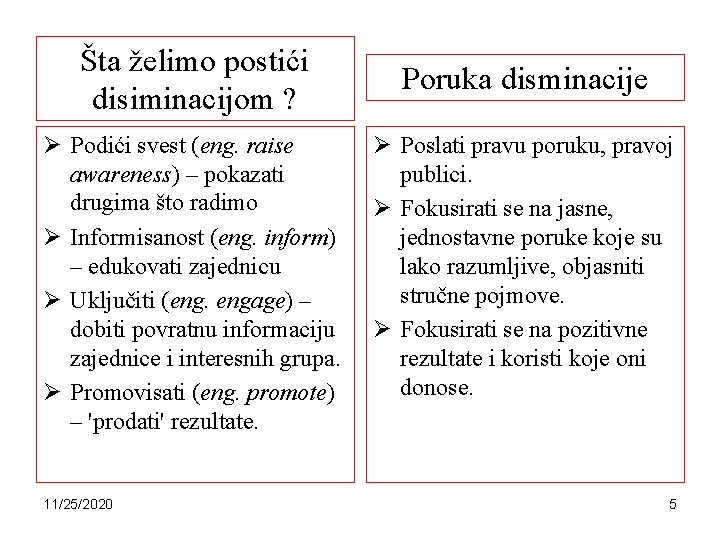 Šta želimo postići disiminacijom ? Ø Podići svest (eng. raise awareness) – pokazati drugima