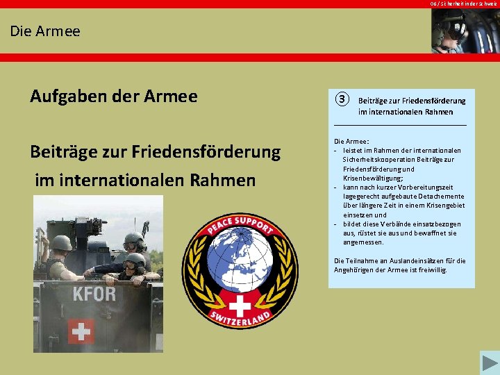 06 / Sicherheit in der Schweiz Die Armee Aufgaben der Armee Beiträge zur Friedensförderung