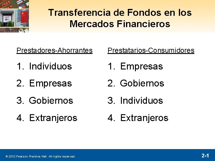 Transferencia de Fondos en los Mercados Financieros Prestadores-Ahorrantes Prestatarios-Consumidores 1. Individuos 1. Empresas 2.