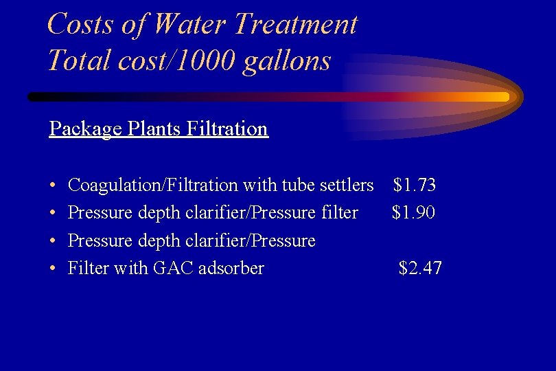 Costs of Water Treatment Total cost/1000 gallons Package Plants Filtration • • Coagulation/Filtration with