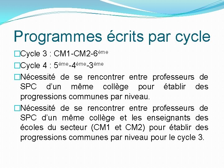 Programmes écrits par cycle �Cycle 3 : CM 1 -CM 2 -6ème �Cycle 4